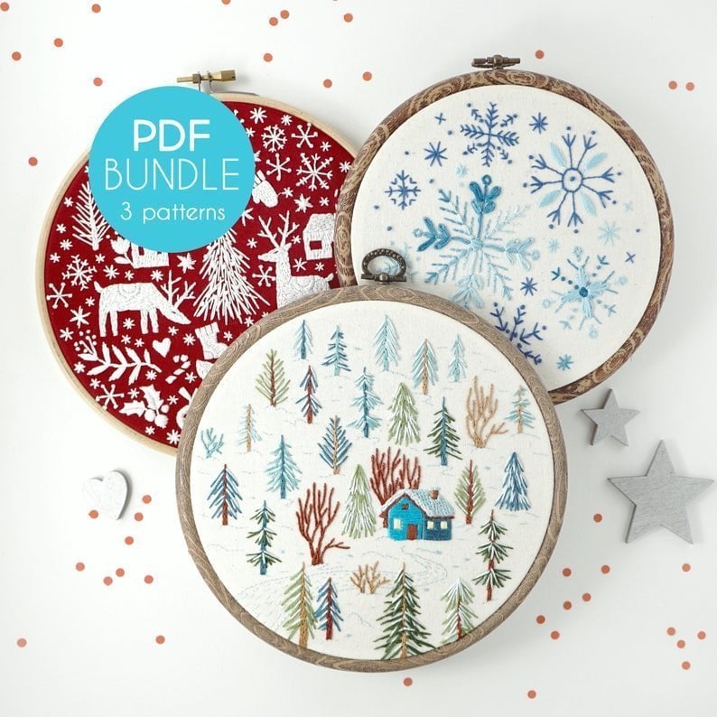 winter bundle embroidery pdf patterns by WhyKnotStitches