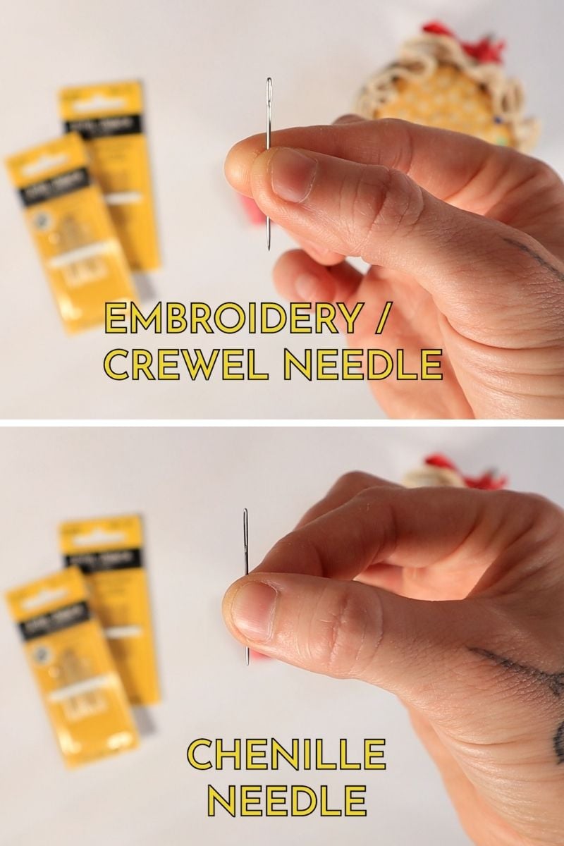 photo collage of a hand holding an embroidery needle and a chenille needle