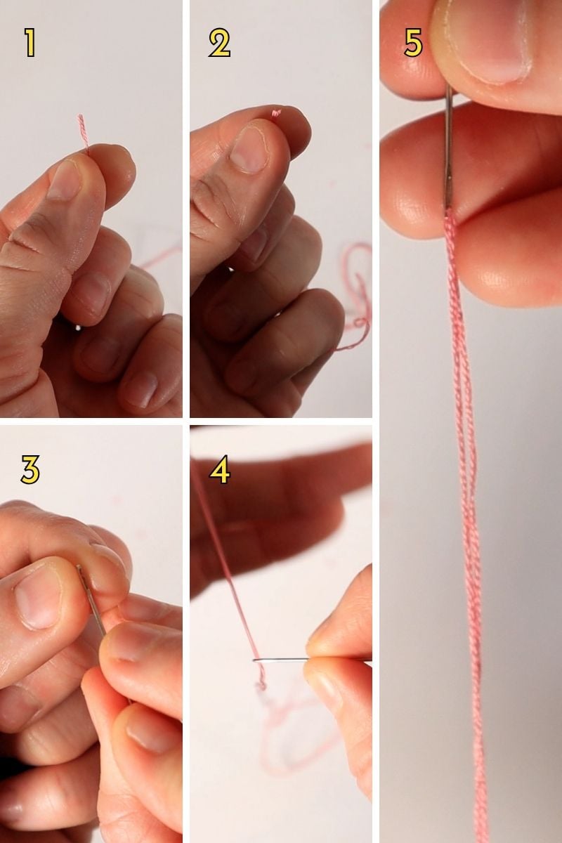 photo collage of how to thread an embroidery needle step by step