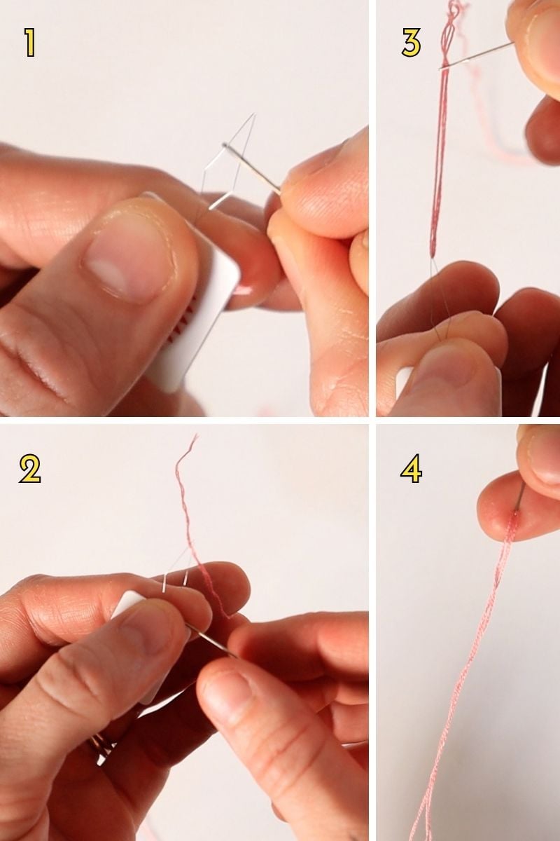 photo collage of how to thread an embroidery needle with a needle threader