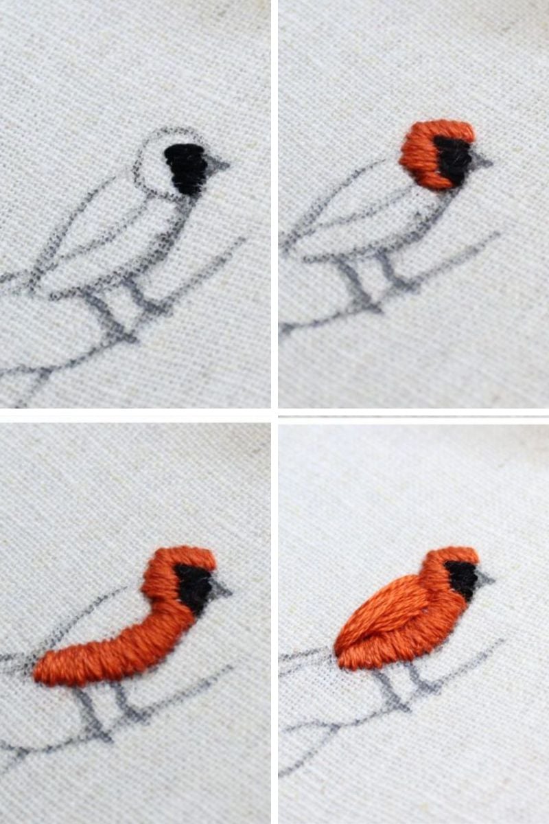 how to embroider a bird steps 1-4