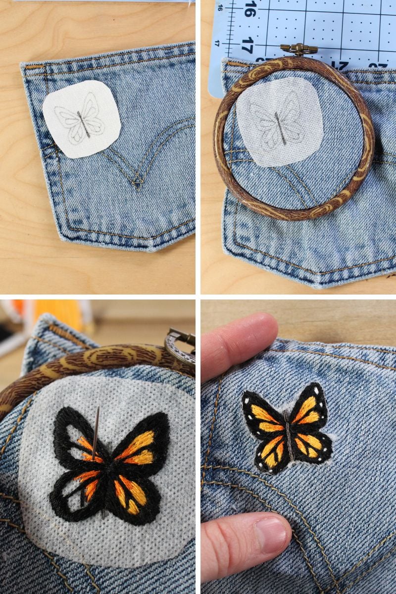 embroidering a butterfly on a jean pocket