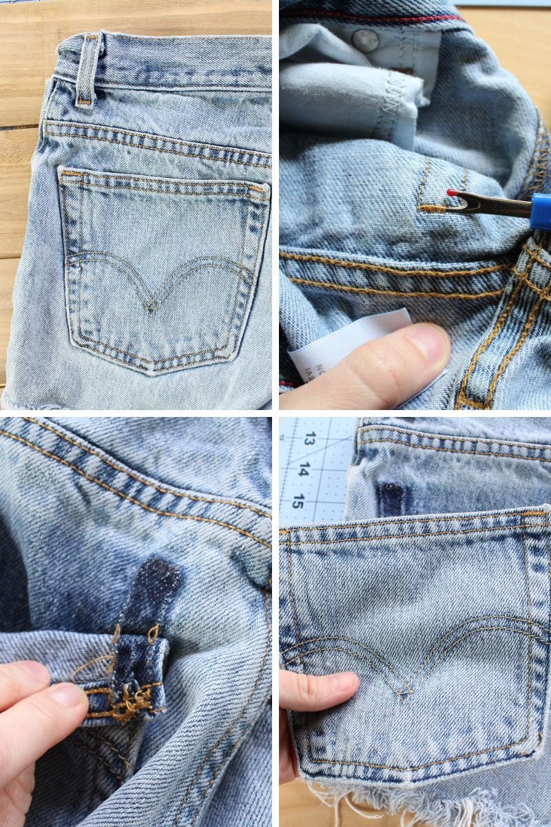 embroidered pocket tutorial - removing the pocket from a pair of denim shorts