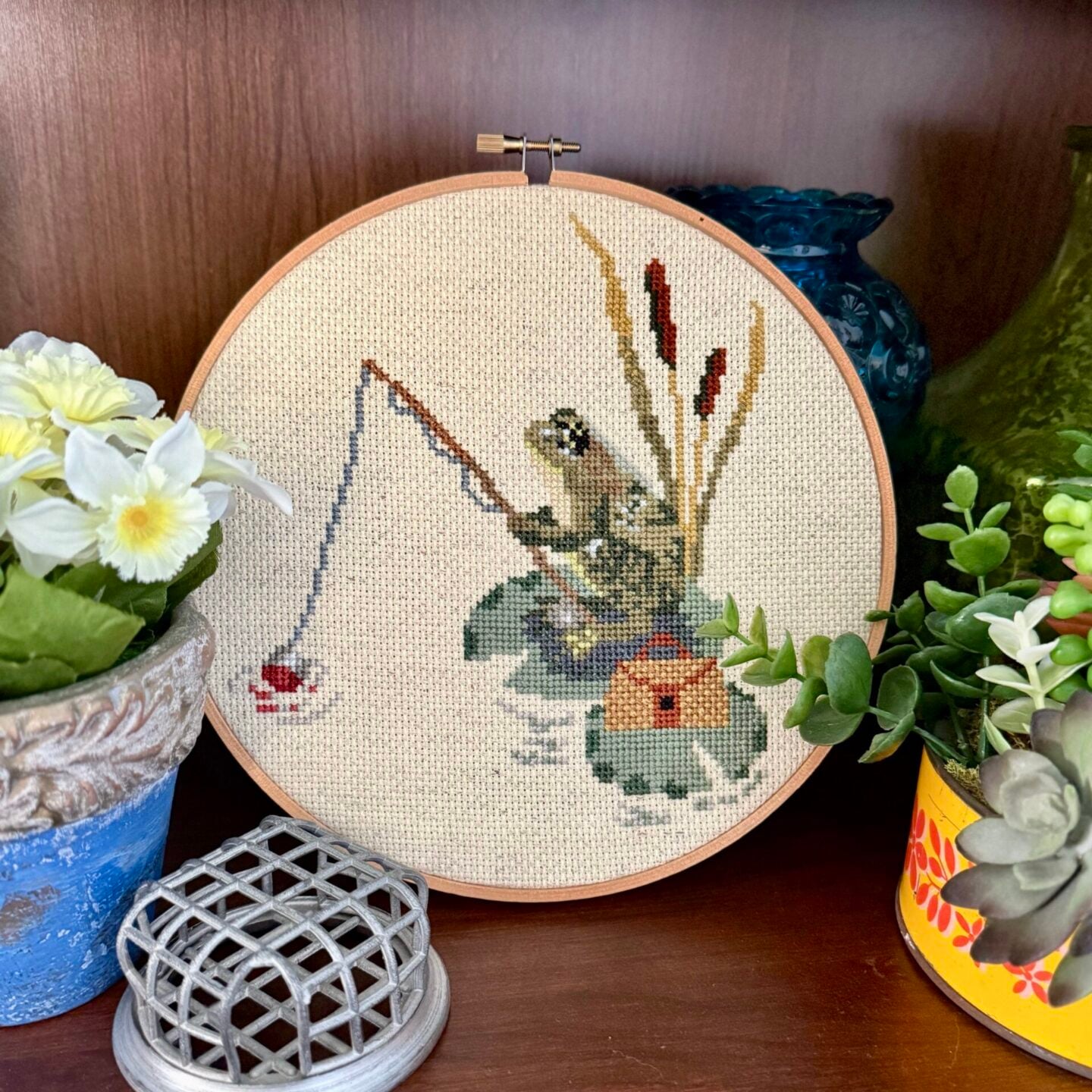Fishing Frog Cross Stitch Pattern