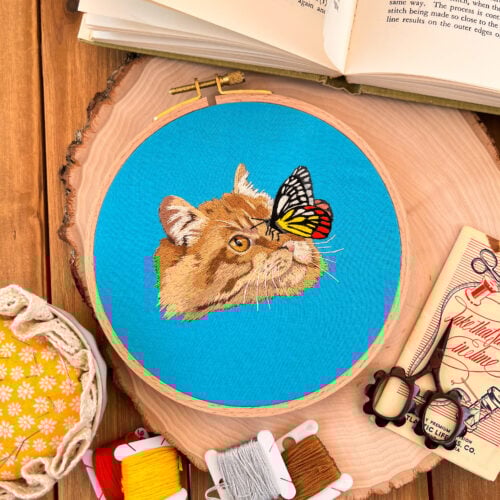 cat and butterfly thread painting embroidery pattern