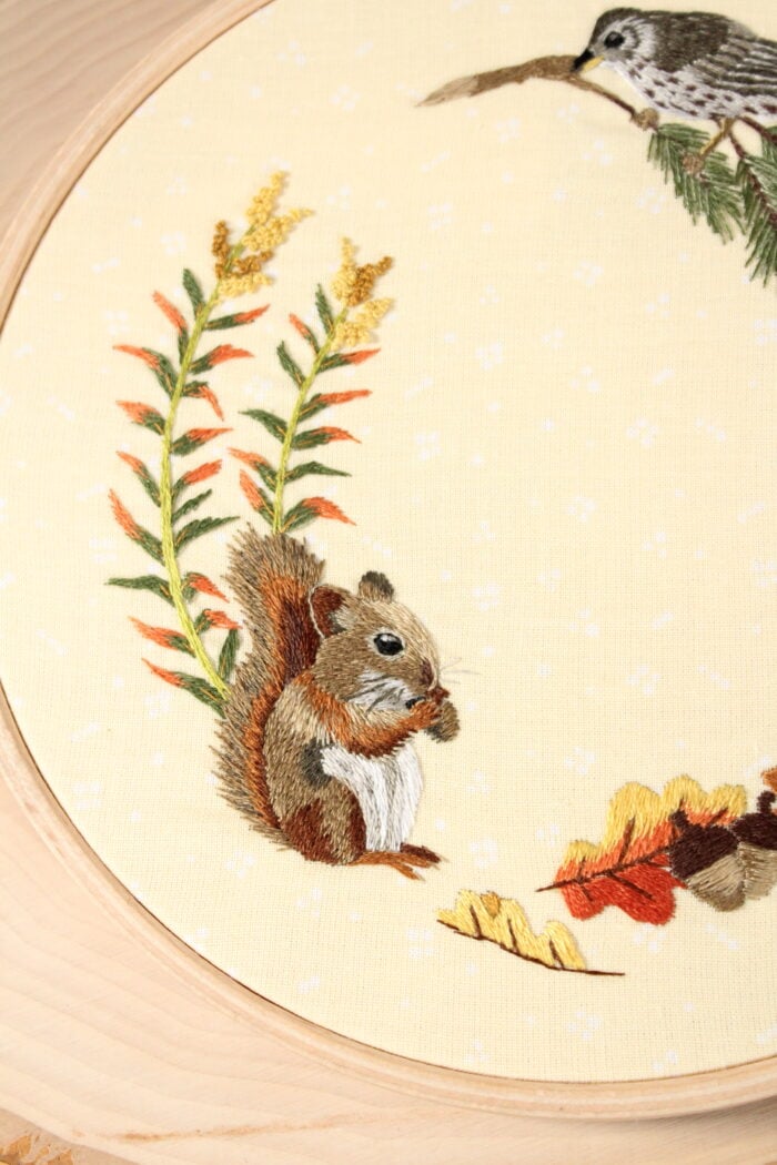 closeup of an embroidered squirrel holding an acorn