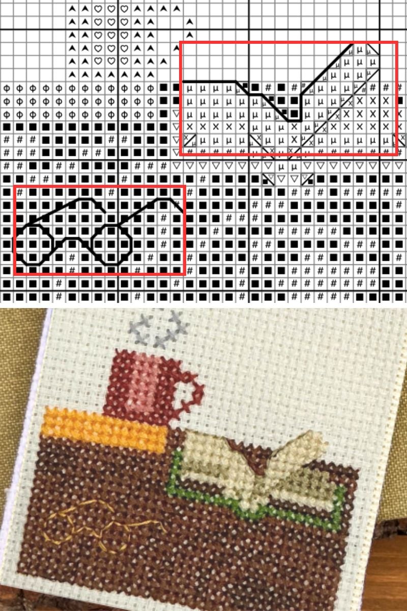 cross stitch chart with back stitches vs the stitched design of a book and glasses on a desk