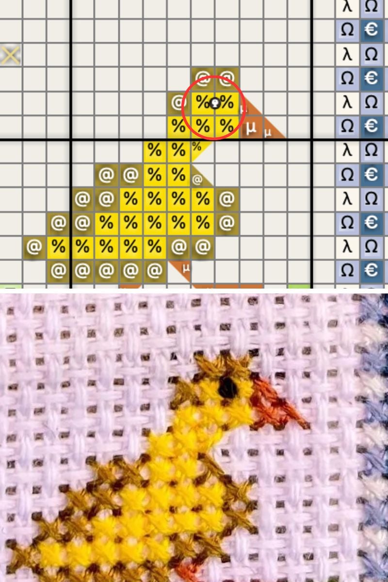 symbol for cross stitch French knot vs a stitched design of a bird