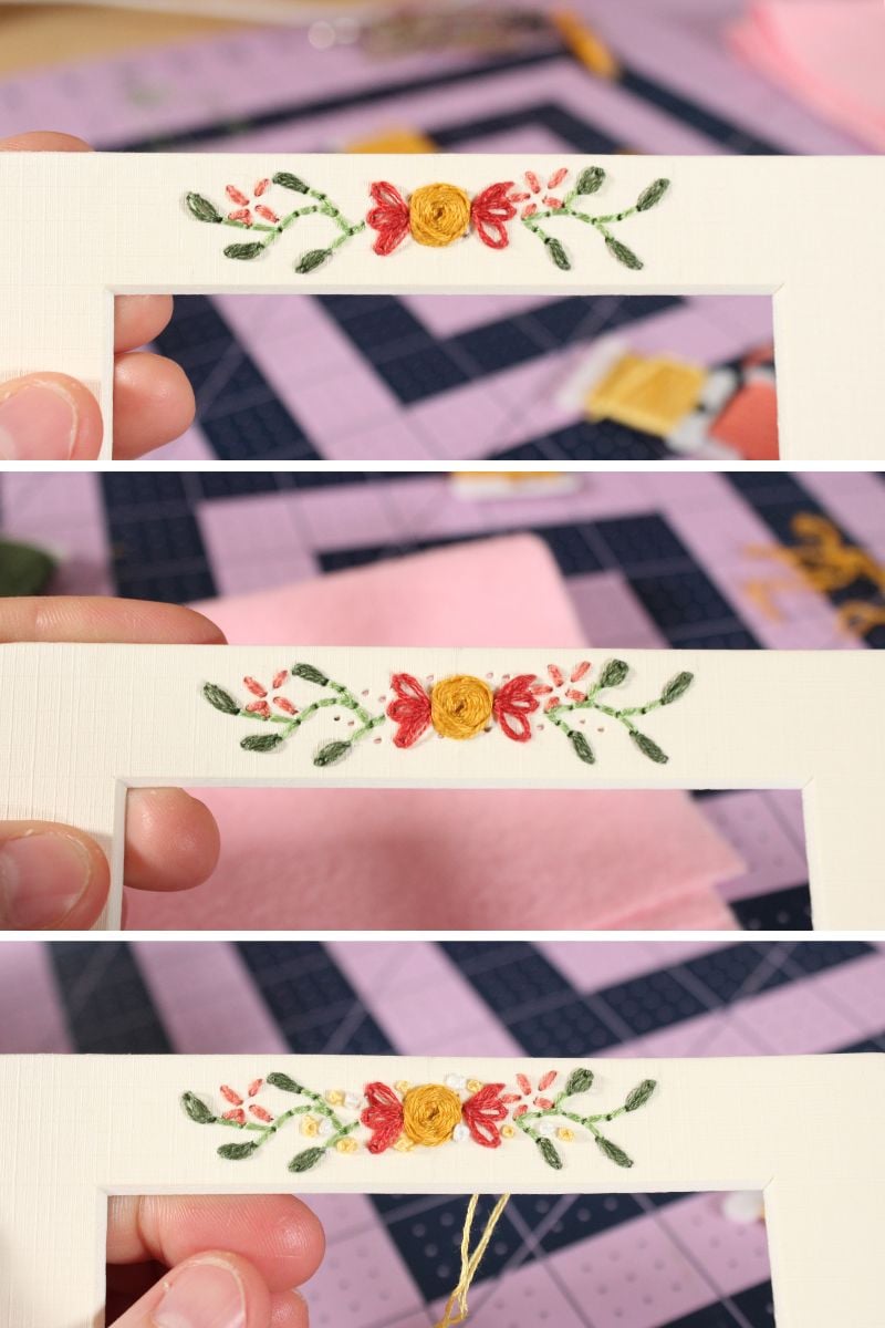 adding embroidered leaves and small flowers onto the photo mat