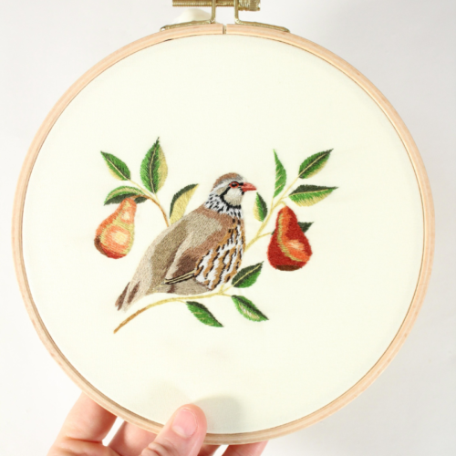 hand holding an embroidery hoop with an embroidery of a partridge sitting on a pear tree branch