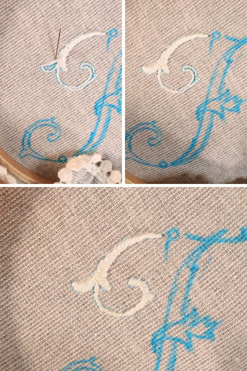 hand embroidered monogram step 2: Filling in a part of the letter F