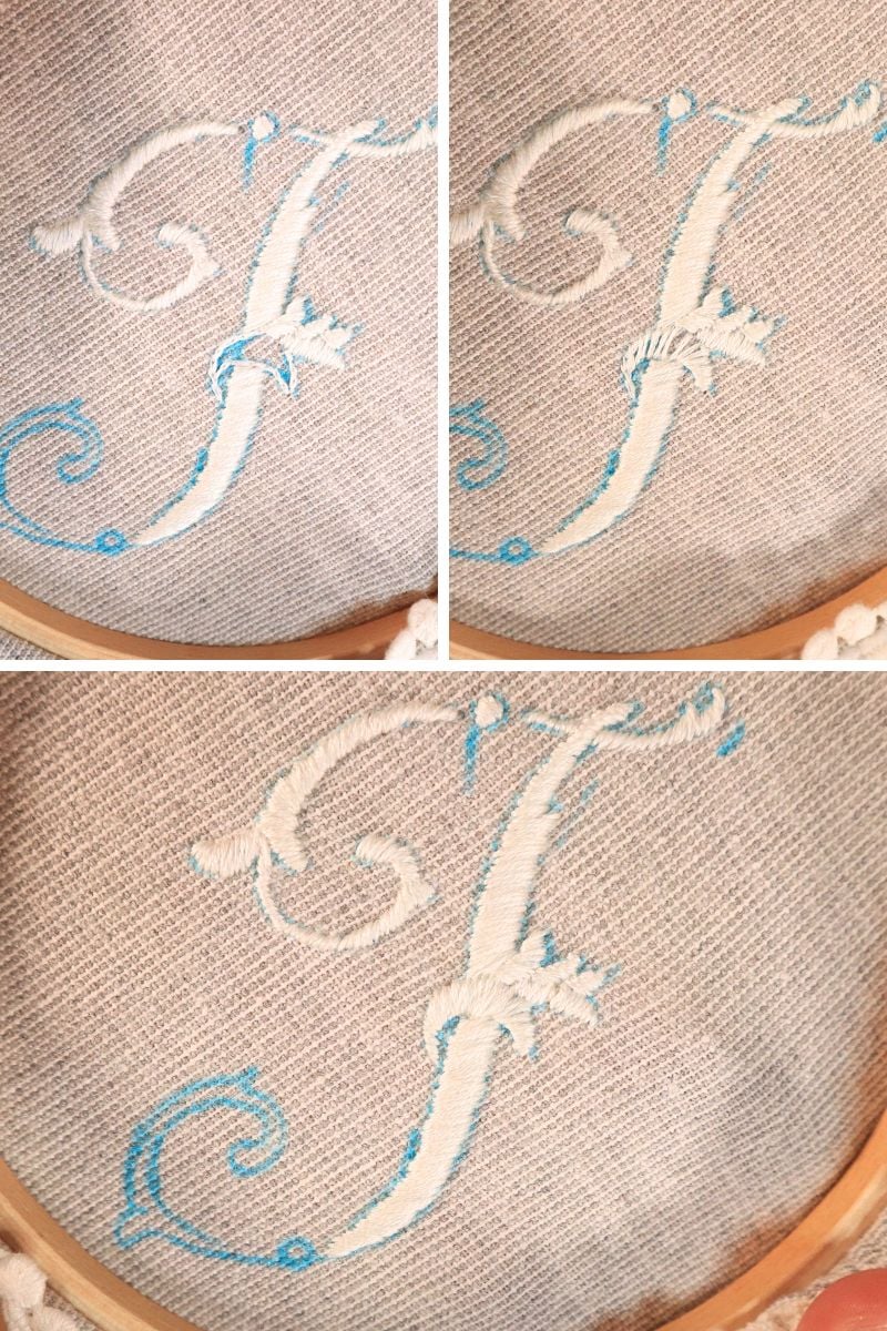 hand embroidered monogram step 5: Filling in the monogram along tight curves