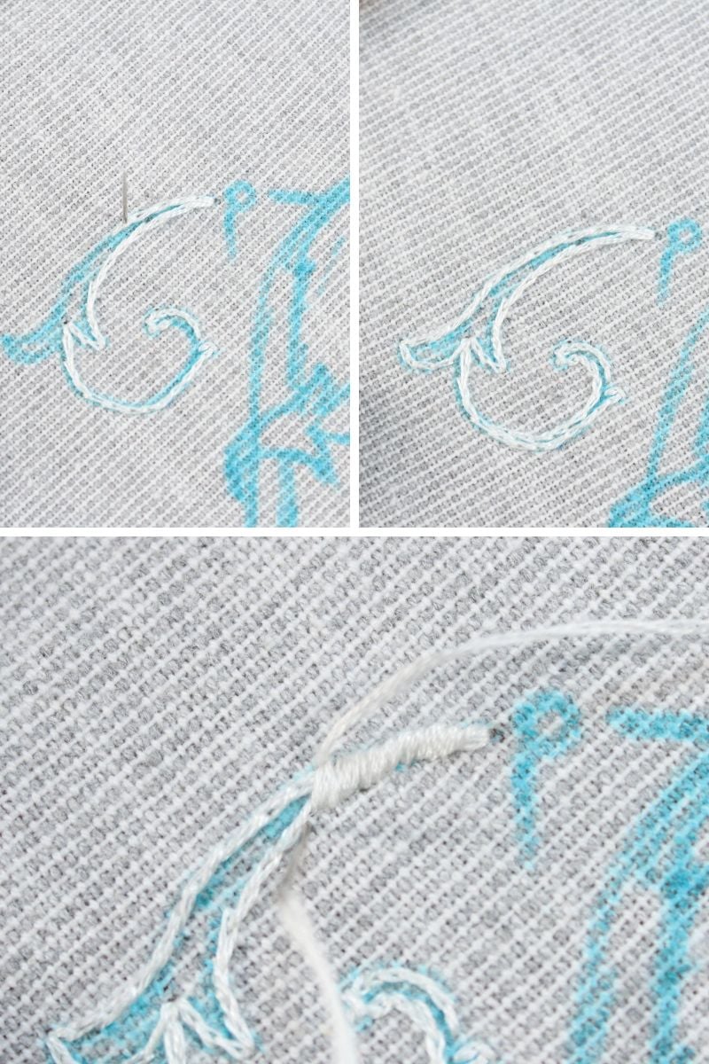 hand embroidered monogram step 1: outlining the letter with the split stitch, then filling it in with the satin stitch