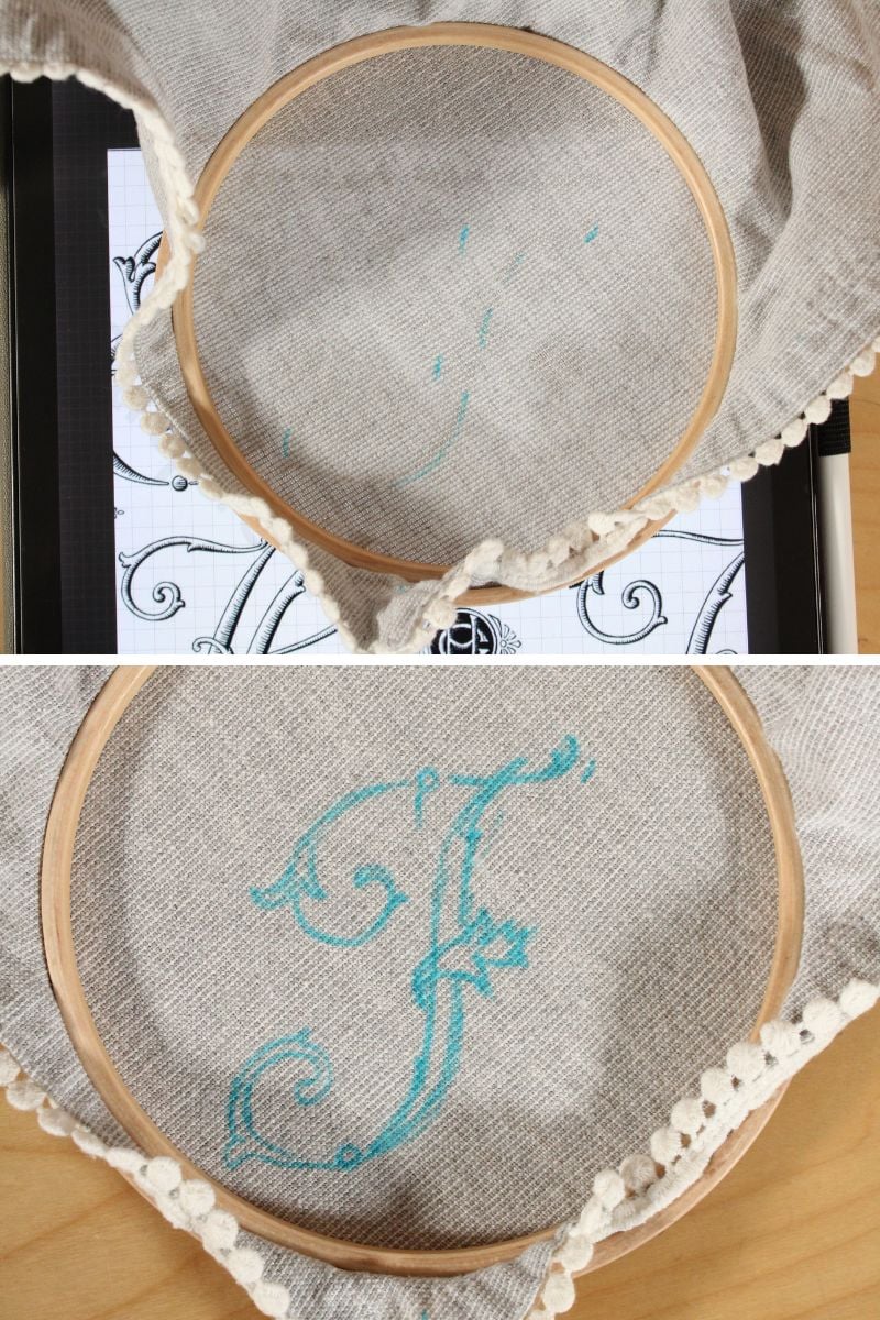 transferring the monogram design onto the fabric using an ipad and a water soluble pen