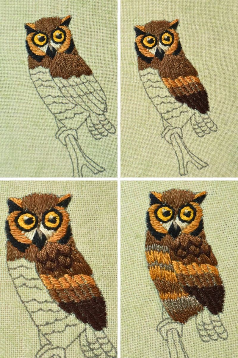 how to embroider the owl's wing and body