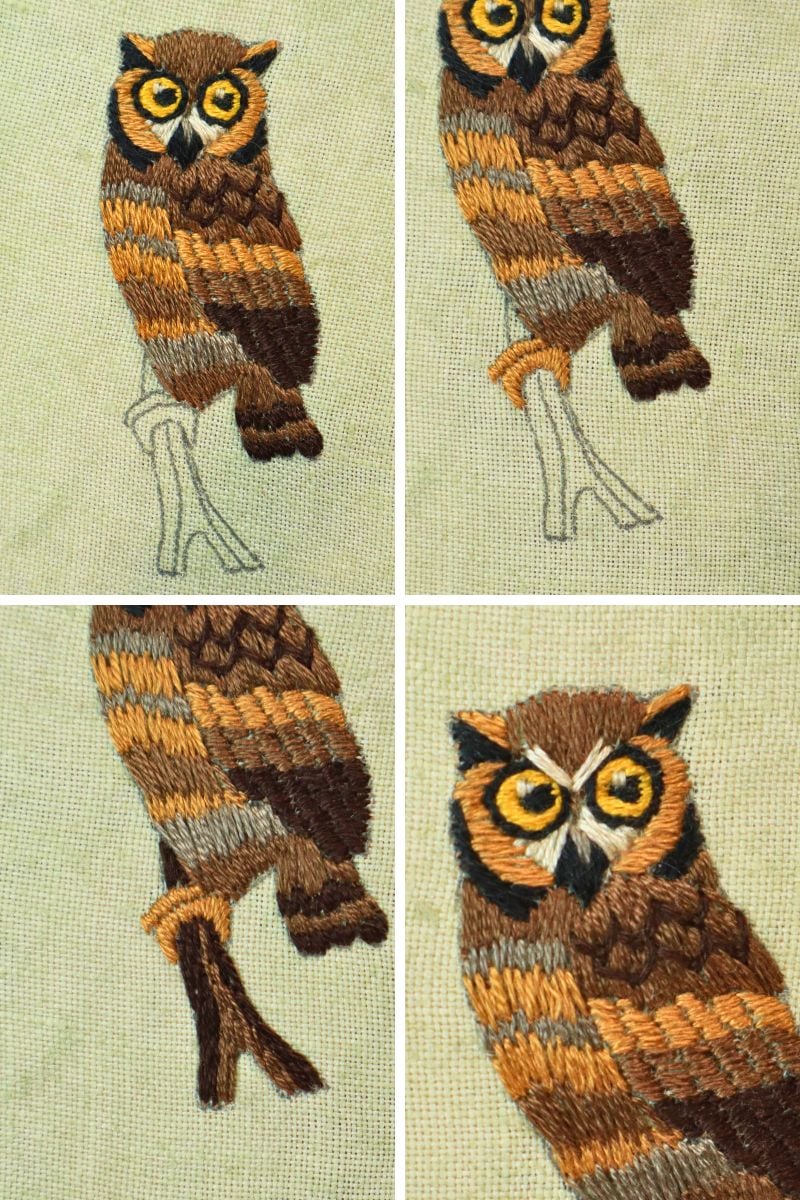 embroidering the owl's feet, tail, and the branch