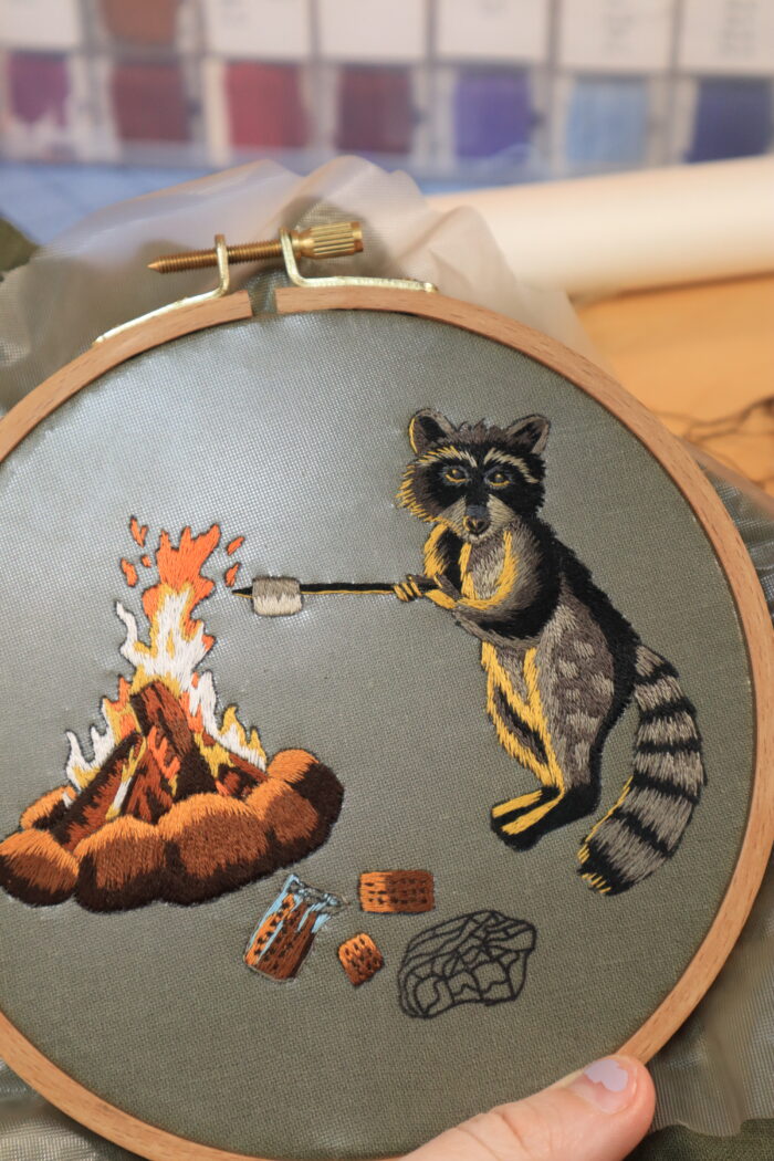 Campfire Raccoon Thread Painting Embroidery Pattern - Image 2