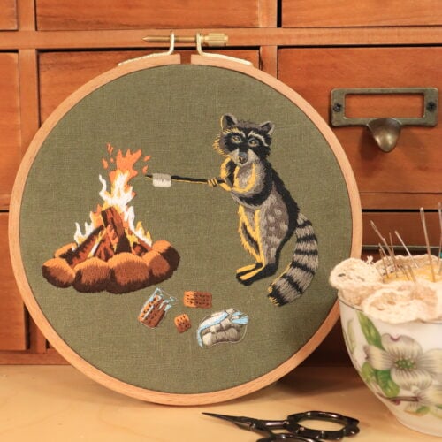 Campfire Raccoon Thread Painting Embroidery Pattern