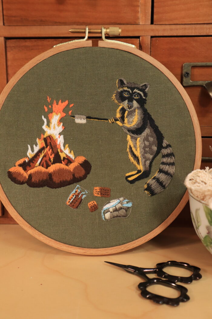 Campfire Raccoon Thread Painting Embroidery Pattern - Image 3