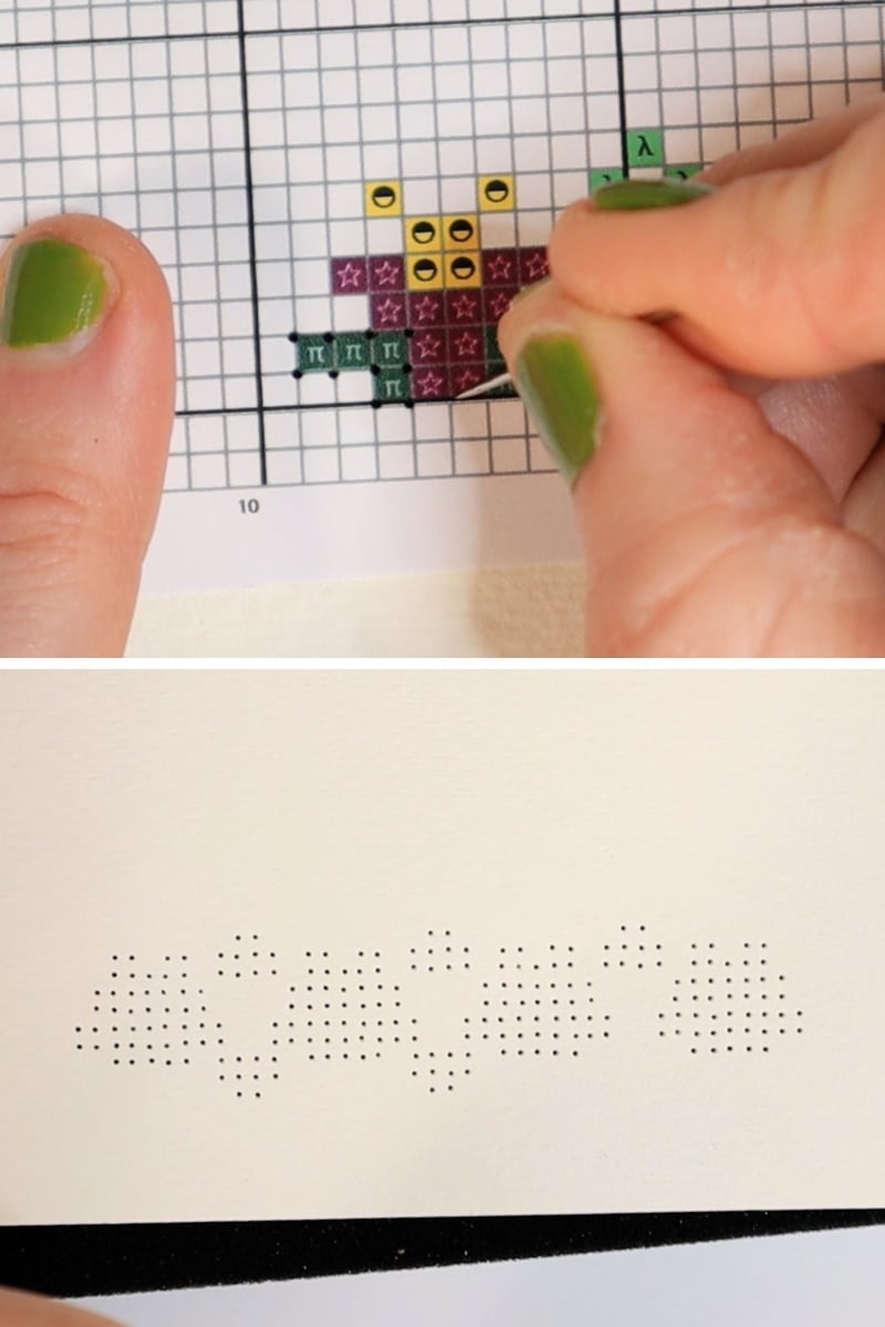 piercing the holes from the cross stitch pattern onto the heavy card-stock paper