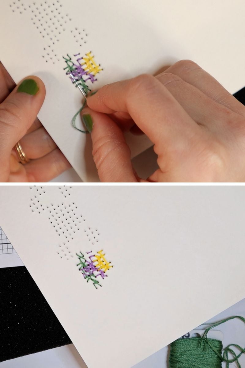 securing cross stitch on the back of the paper