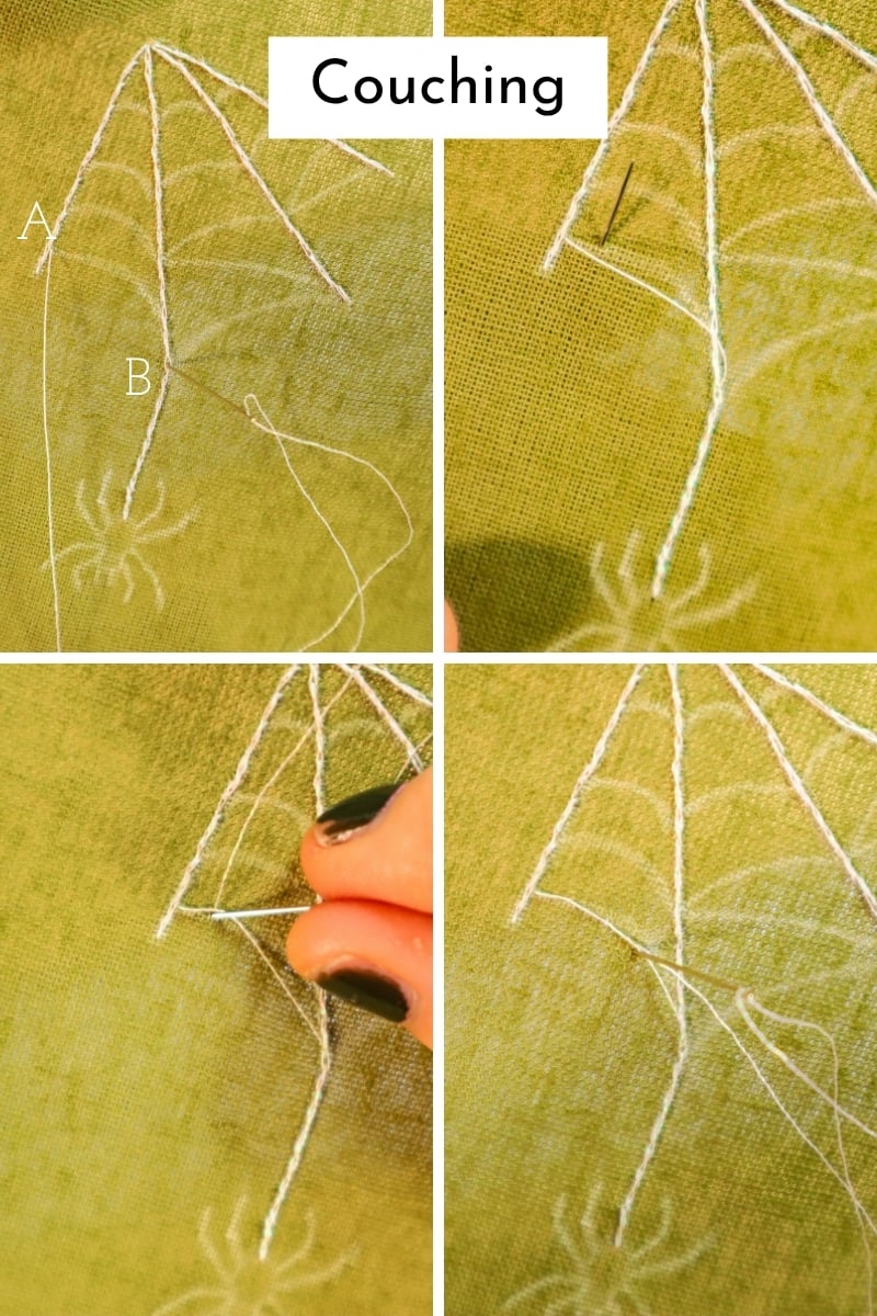 Embroidering along the curves of the web using couching stitches