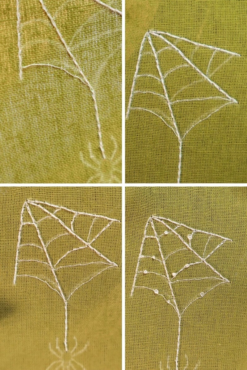 Finishing stitching the spiderweb and adding dew drops using French knots