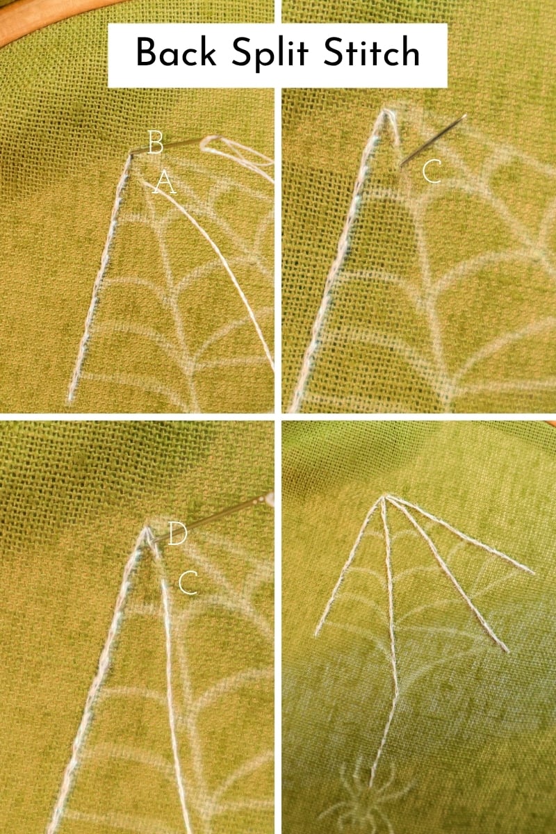 Embroidering the straight lines of the spiderweb using split stitches