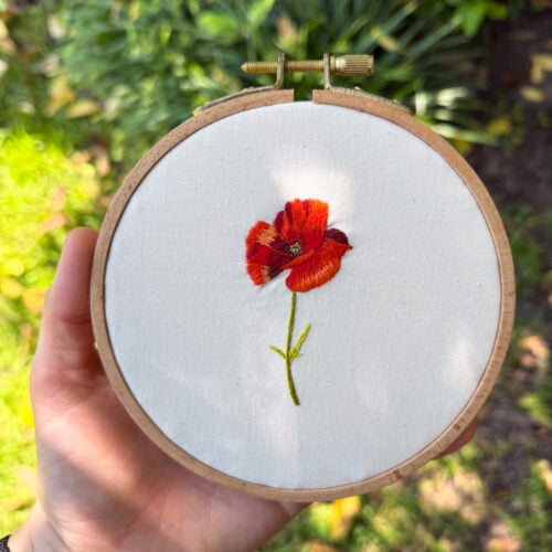 embroidery of a red poppy flower on off white fabric, framed in a wooden embroidery hoop