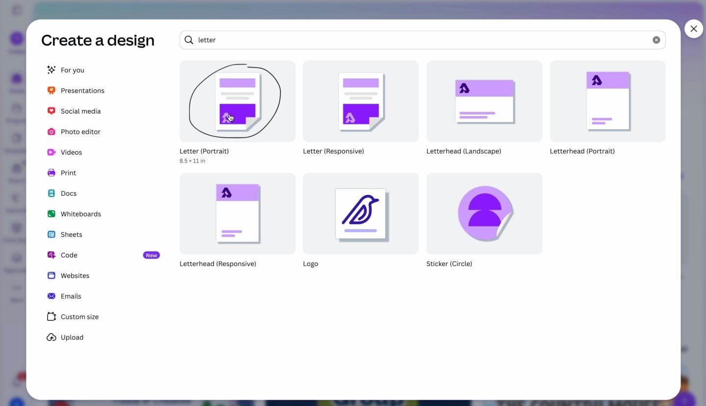 creating a new letter document in Canva